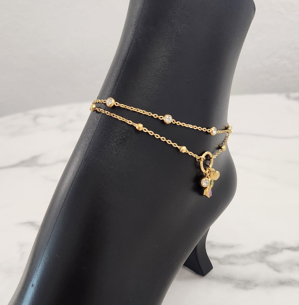 Gold Double Chain Anklet Dainty Crystals Butterfly Heart Charm Ankle Bracelet - Picture 9 of 14